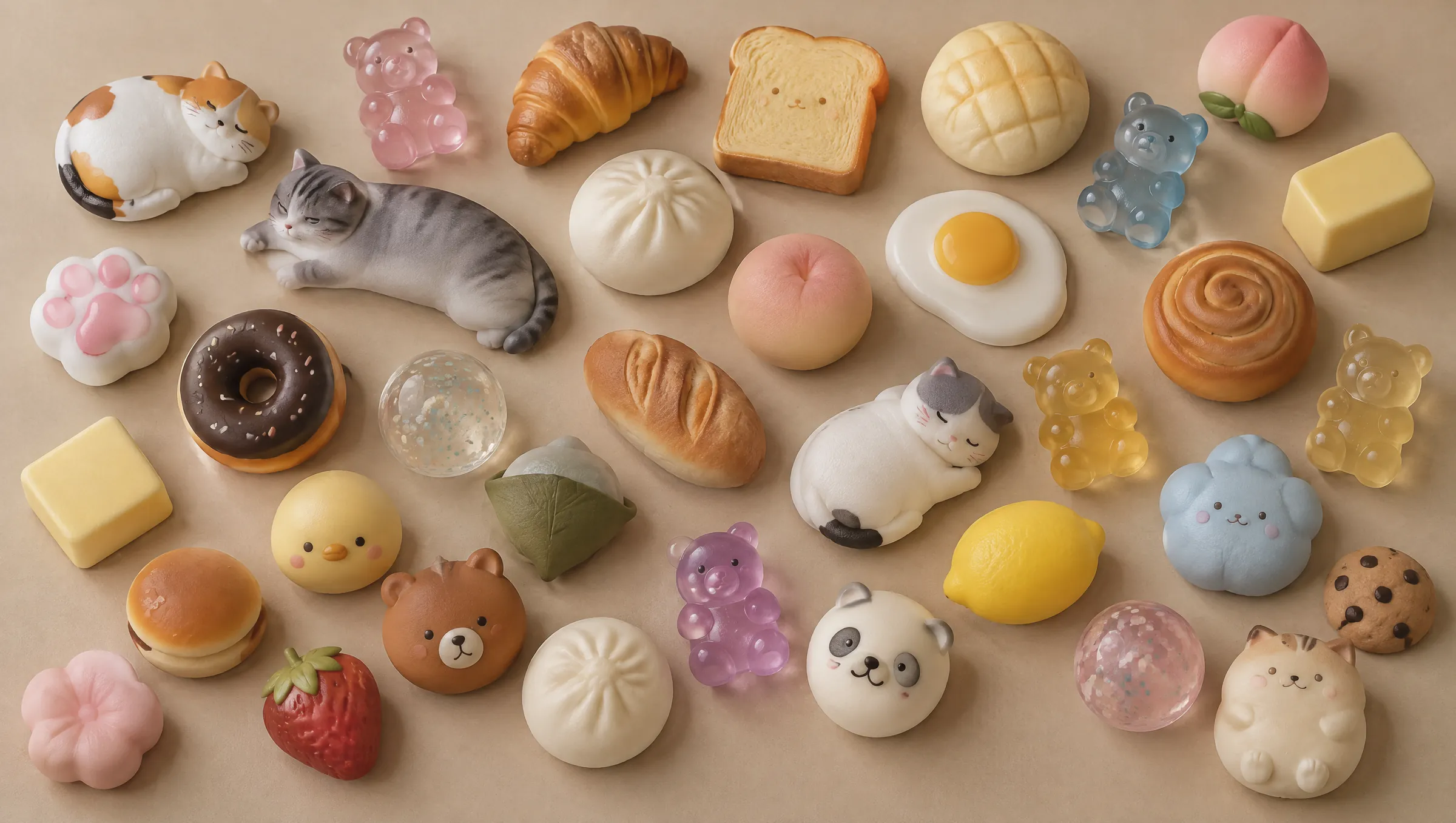 Assorted squishy toys laid out on paper