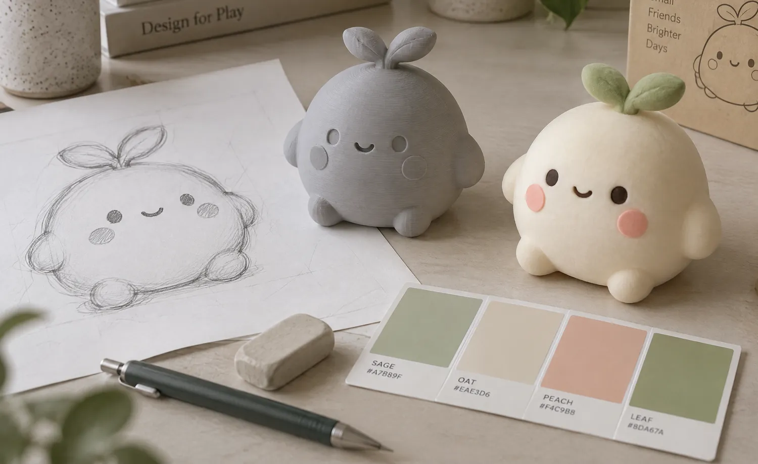 Sketch, 3D-printed prototype and finished squishy