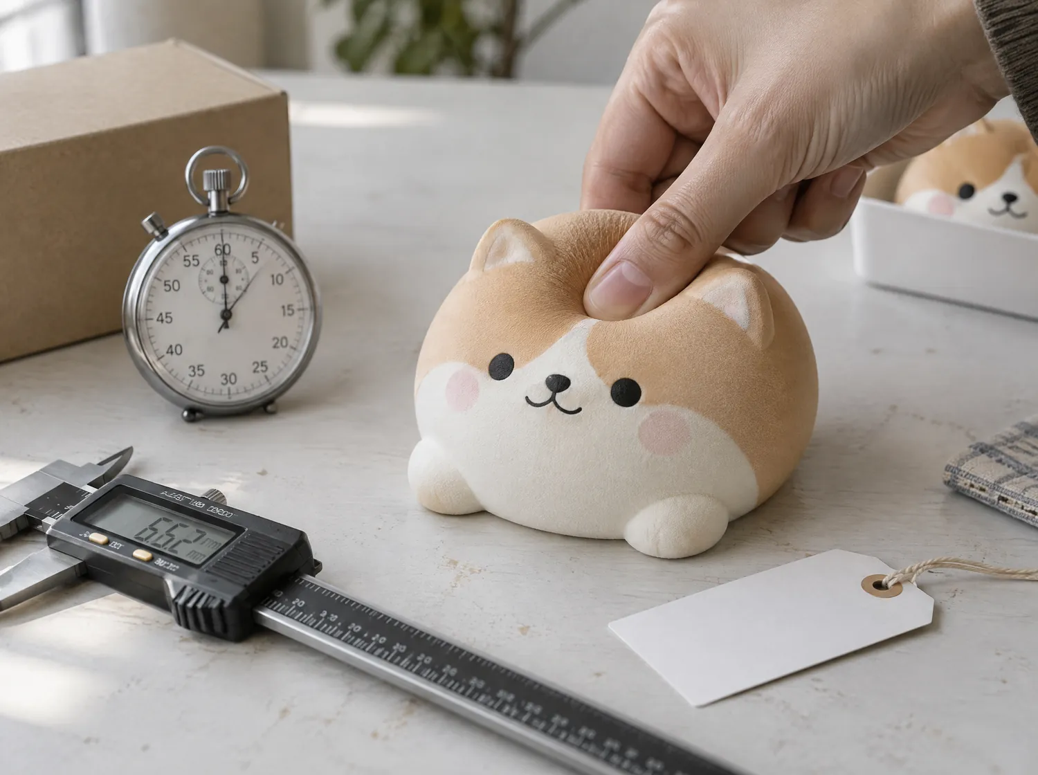 Checking a slow-rising squishy with a stopwatch and caliper